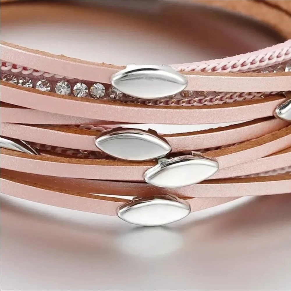 Genuine leather pink wrap bracelet with magnetic closure. New - Picture 6 of 8